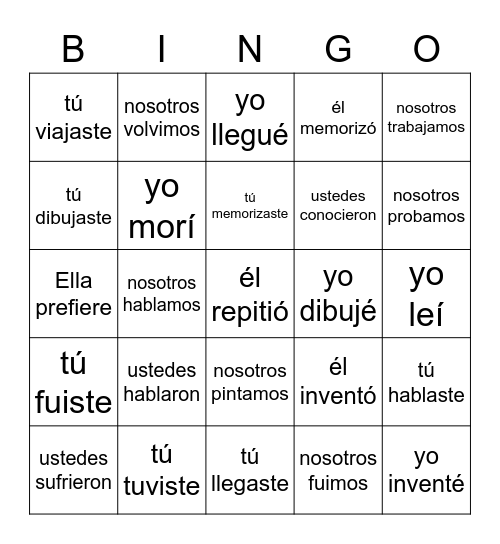 VERBOS PRETERITO Bingo Card