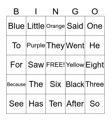 Sight Words Bingo Card