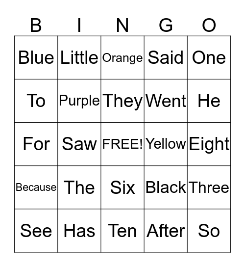 Sight Words Bingo Card