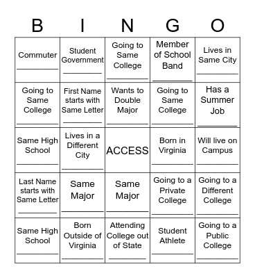 Access Summer Transition Bingo Card