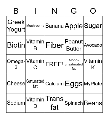 Nutrition Bingo Card