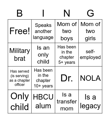 Mentor/Mentee Getting to Know you Session Bingo Card