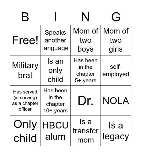 Mentor/Mentee Getting to Know you Session Bingo Card