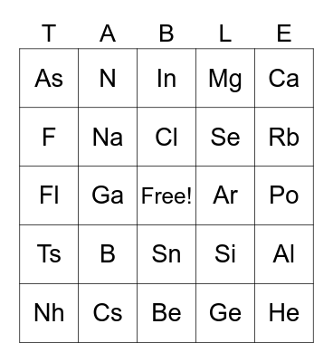 Periodic TABLE Bingo Card