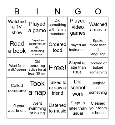 October Break BINGO Card