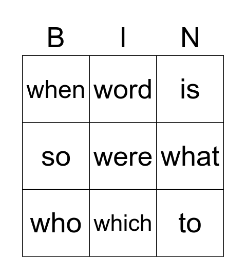 Tricky Words Bingo Card