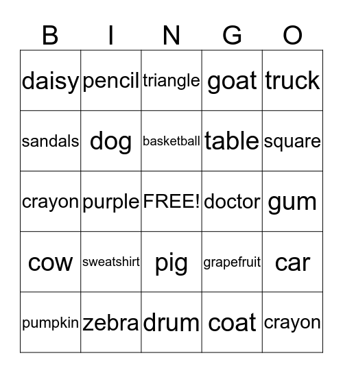 Say the group that the word belongs to Bingo Card