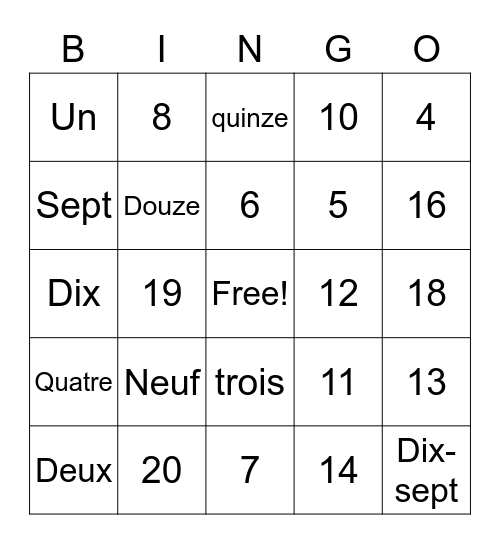 French Numbers 1-20 Bingo Card
