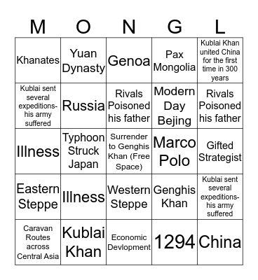 Mongol Empire  Bingo Card