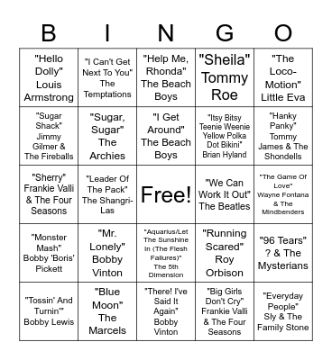 Top Songs of the 1960s Bingo Card