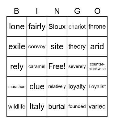 National Reading Vocabulary - Week 9 Bingo Card