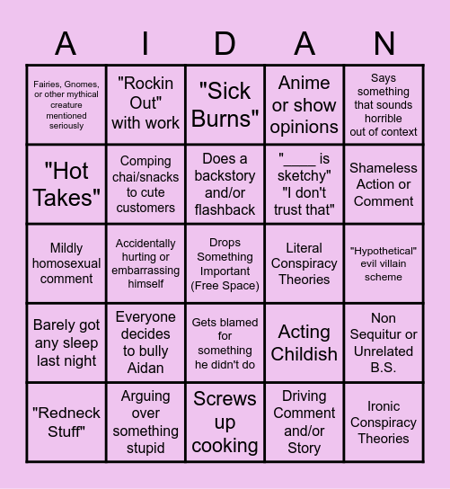 Aidan Bingo Card
