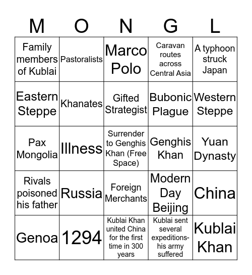 Mongol Empire  Bingo Card