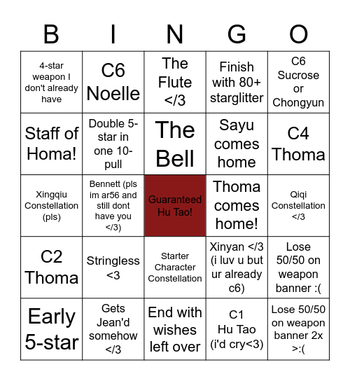 2.2 Hu Tao & Weapon Banner Bingo Card Bingo Card