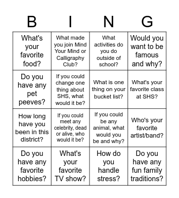 Get To Know You Bingo Card Bingo Card