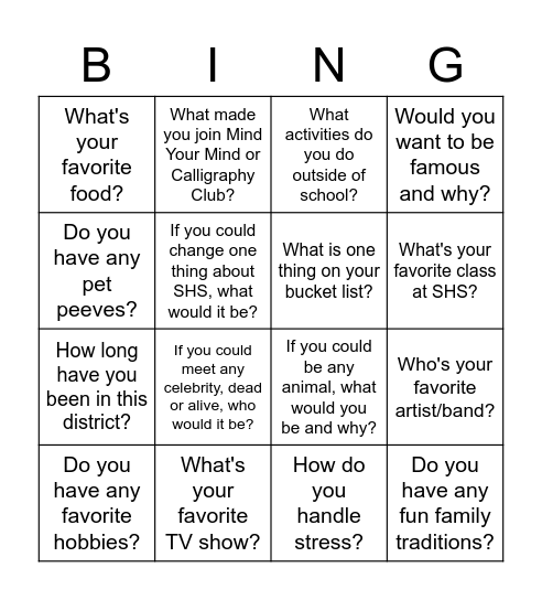 Get To Know You Bingo Card Bingo Card