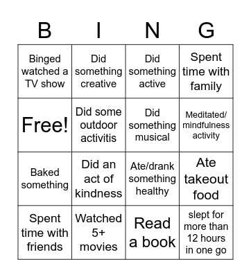 October Break Bingo Card