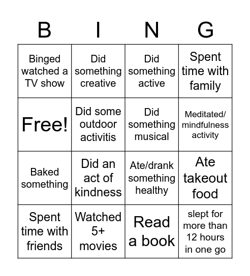 October Break Bingo Card