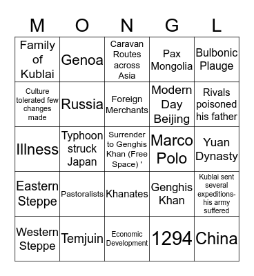 Mongol Empire  Bingo Card