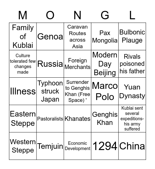 Mongol Empire  Bingo Card