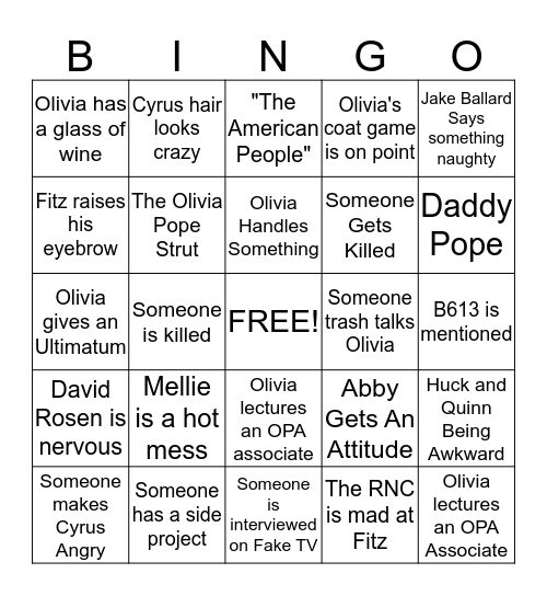 Season 4 Finale Scandal Bingo Card