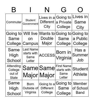 2015 Summer Transition Session Bingo Card