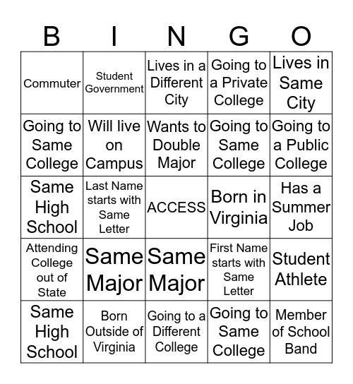 2015 Summer Transition Session Bingo Card