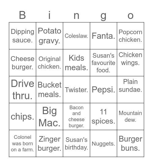 KFC . Bingo Card
