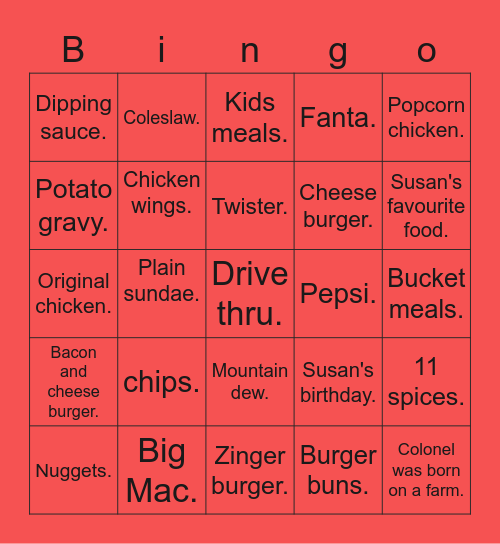 KFC . Bingo Card