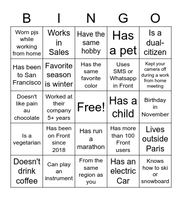 Front Customer Event Bingo Card