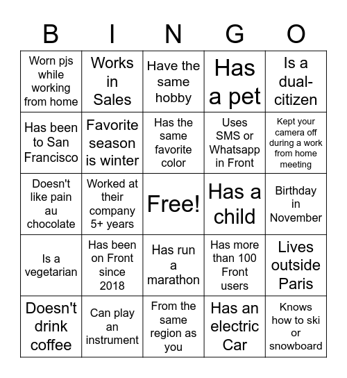 Front Customer Event Bingo Card