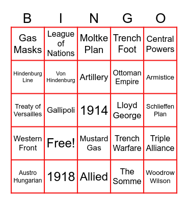 World War I Bingo Card