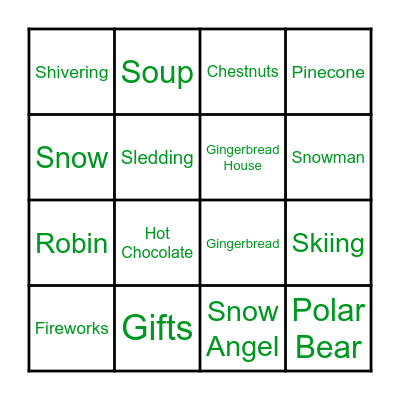 Young Carers Winter Bingo Card