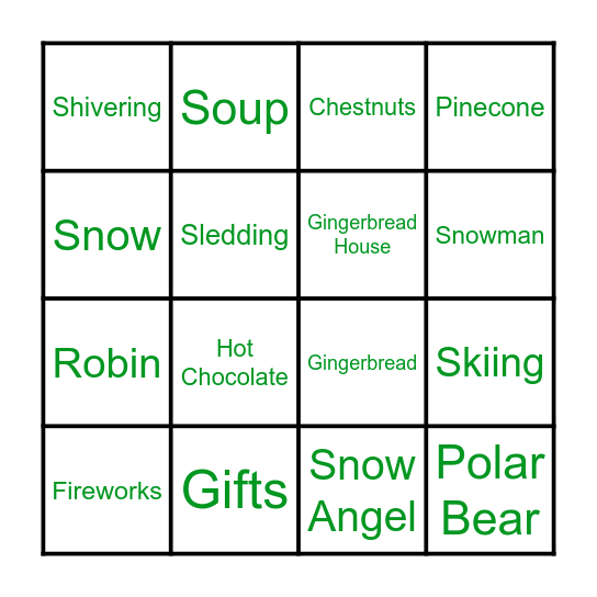 Young Carers Winter Bingo Card