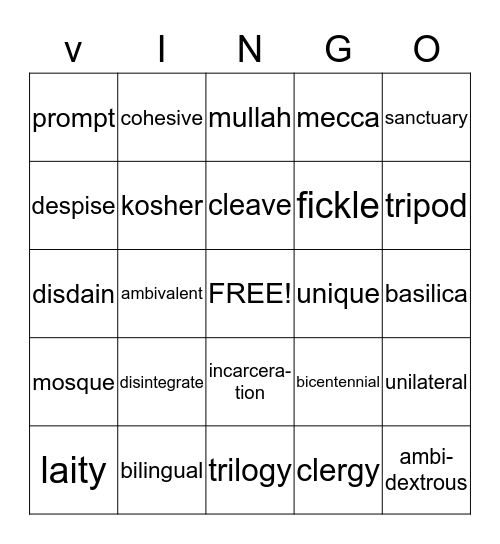 Vocabulary 10 - 12 (3) Bingo Card