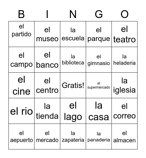 Spanish around the town Bingo Card