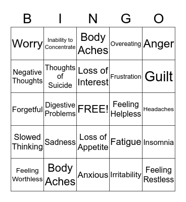 Common Signs of Depression Bingo Card