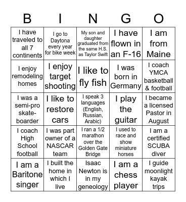 T&IC / Field Immersion Activity Bingo Card