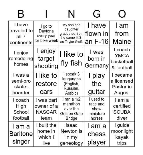 T&IC / Field Immersion Activity Bingo Card