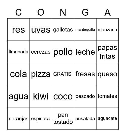Spanish food Bingo Card