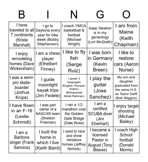 T&IC / Field Immersion Activity Bingo Card