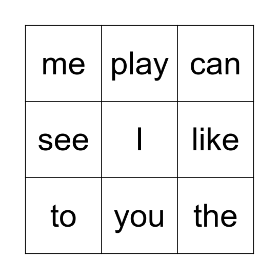 Sight Words Bingo Card