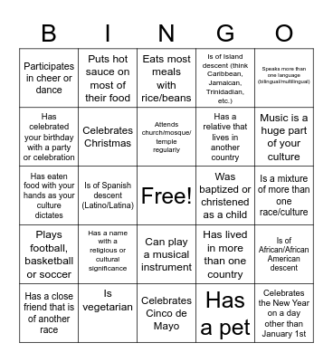 My Culture Bingo Card