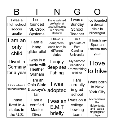 T&IC / Field Immersion Activity Bingo Card