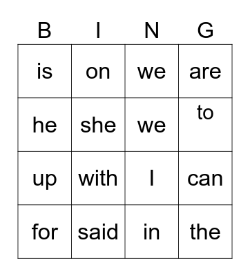 Sight Words Bingo Card