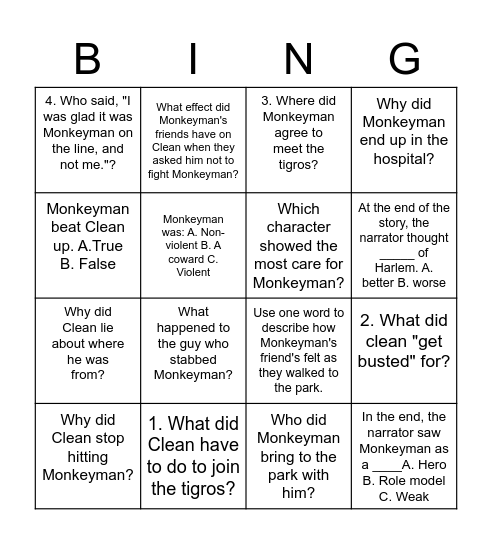 Monkeyman Bingo Card