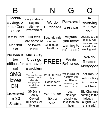 The South Mountain Group Bingo Card