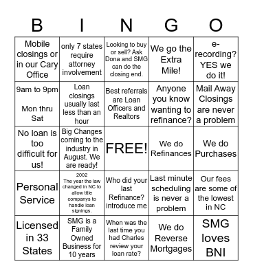 The South Mountain Group Bingo Card