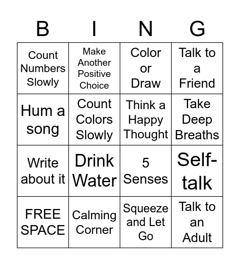 Calming Tools Bingo Card