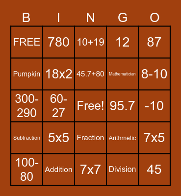 ARITHMETIC BINGO 🎃 Bingo Card